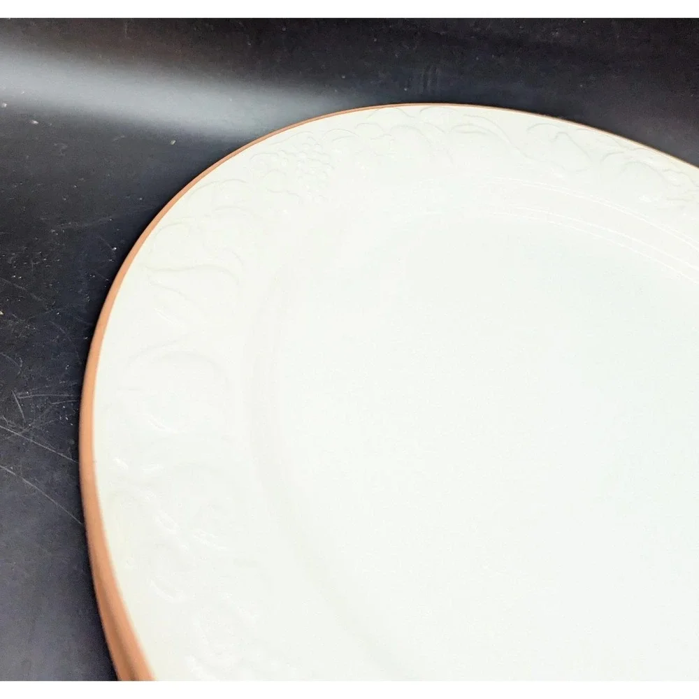 Set/4 Pier 1 Italian Pottery White Embossed Fruit Terra Cotta Edge Dinner Plate